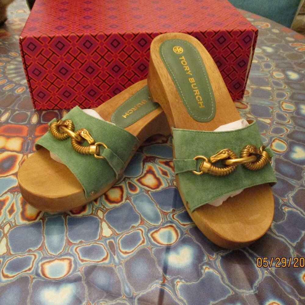 Tory Burch Green Suede Wood-Platform Snake-Link Mules